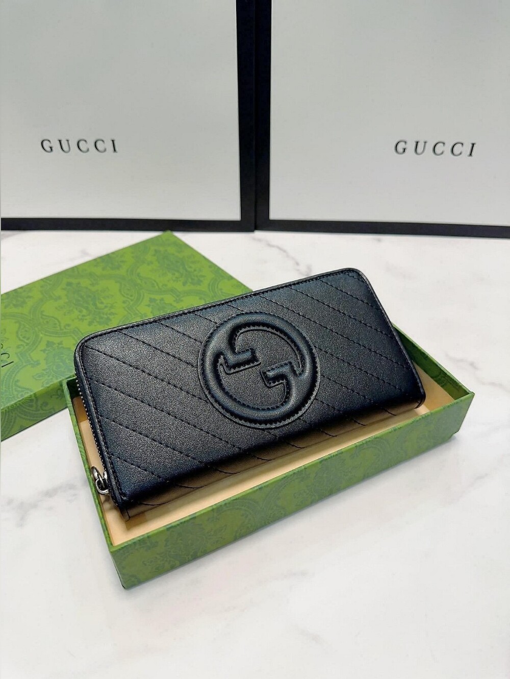 Gucci Black Zip-Around GG Marmont Quilted Leather Wallet
